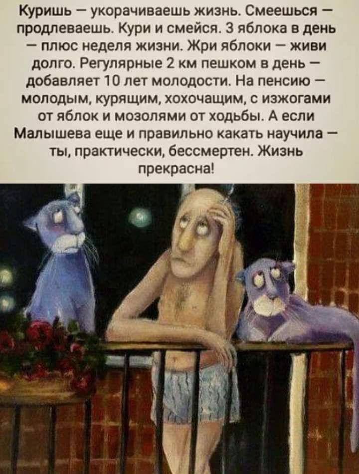 Куришь укорачиваешь жизнь Смеешься продлеваешь Кури и смейся 3 яблока в день плюс неделя жизни Жри яблоки живи долго Регулярные 2 км пешком в день добавляет 10 лет молодости На пенсию молодым курящим хохочащим с изжогами от яблок и мозопями от ходьбы А если Малышева еще и правильно какать научила ты практически бессмертен Жизнь прекрасна