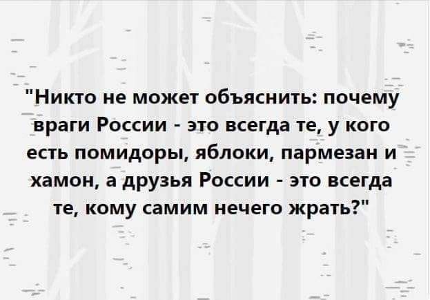 Никто не может объяснить почему враги России это всегда те у кого есть помидоры яблоки пармезан и хамон а друзья России это всегда те кому самим нечего жрать