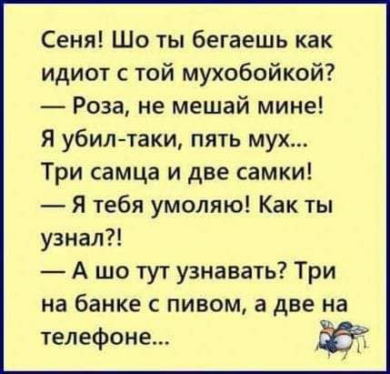Сеня Шо ты бегаешь как идиот с той мухобойкой Роза не мешай мине Я убил таки пять мух Три самца и две самки Я тебя умоляю Как ты узнал А шо тут узнавать Три на банке с пивом а две на телефоне