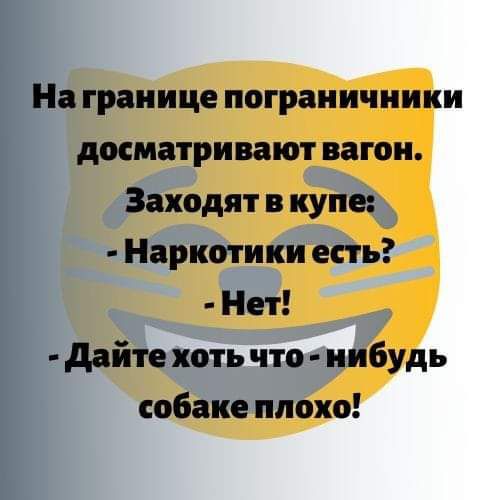 На границе пограничники досматривают вагон Заходят в купе Наркотики есть Нет дайте хоть что нибудь собаке плохо
