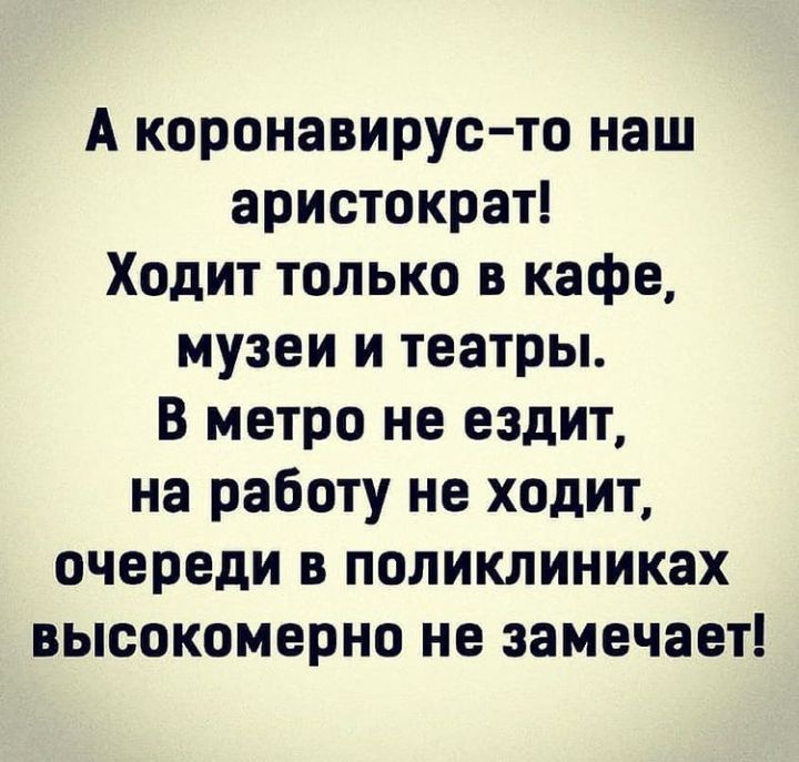 А коронавирус то наш аристократ Ходит только в кафе музеи и театры В метро не ездит на работу не ходит очереди в поликлиниках высокомерно не замечает