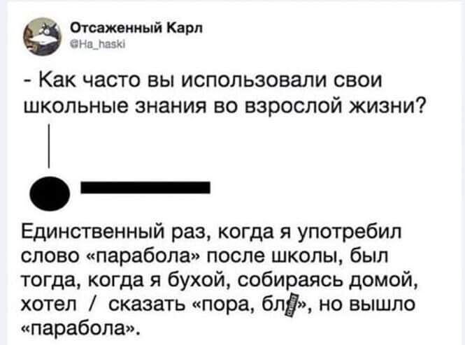 Как часто вы использовали свои школьные знания во взрослой жизни О _ Единственный раз когда я употребил слово парабола после школы был тогда когда я бухой собираясь домой хотел сказать пора блЁ но вышло парабола