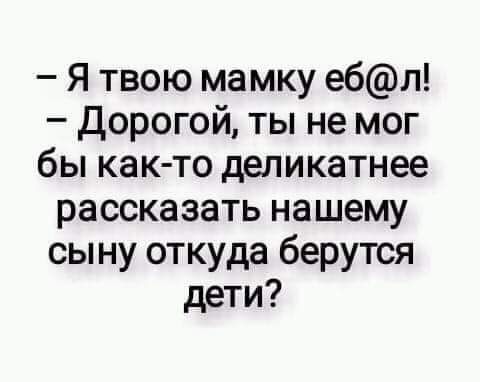 Я твою мамку ебл Дорогой ты не мог бы как то депикатнее рассказать нашему сыну откуда берутся дети