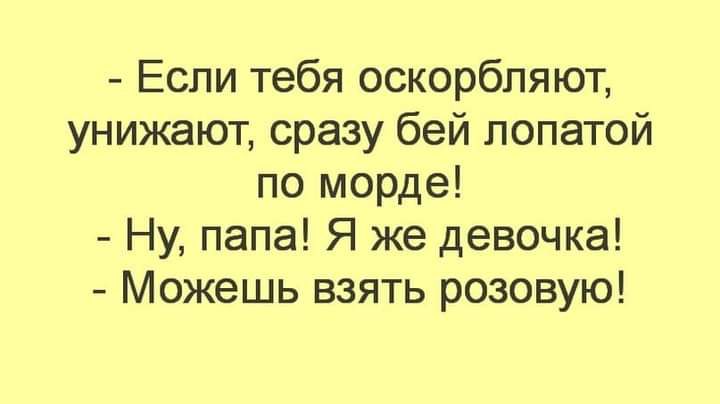 Если тебя оскорбляют унижают сразу бей лопатой по морде Ну папа Я же девочка Можешь взять розовую