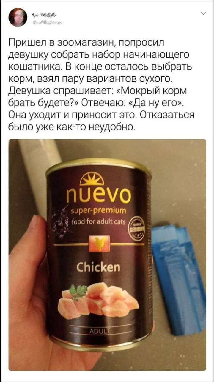 е и Пришел в зоомагазин попросил девушку собрать набор начинающего кошатника В конце осталось выбрать корм взял пару вариантов сухого Девушка спрашивает Мокрый корм брать будете Отвечаю Да ну его Она уходит и приносит это Отказаться было уже както неудобно