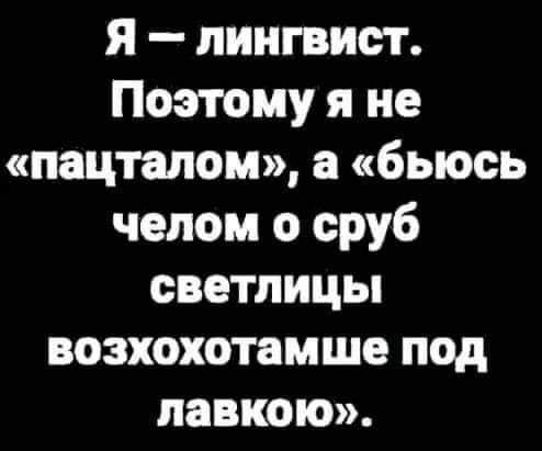 Я лингвист Поэтому я не пацталом а бьюсь челом о сруб светлицы возхохотамше под лавкою