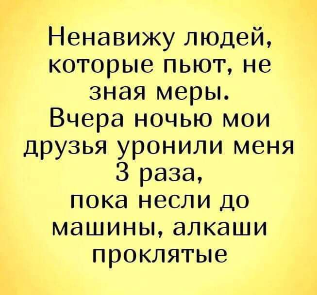 Ненавижу людей которые пьют не зная меры Вчера ночью мои друзья уронили меня 3 раза пока несли до машины алкаши проклятые