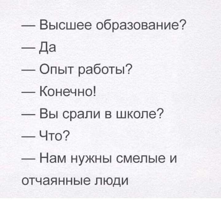 Высшее образование _ Да Опыт работы Конечно Вы срапи в школе Что Нам нужны смелые и отчаянные люди