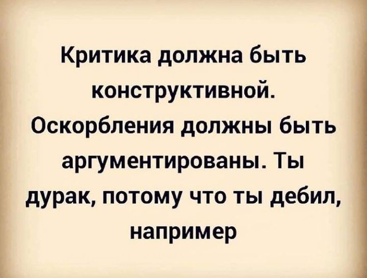 Критика должна быть конструктивной Оскорбления должны быть аргументированы Ты дурак потому что ты дебил например