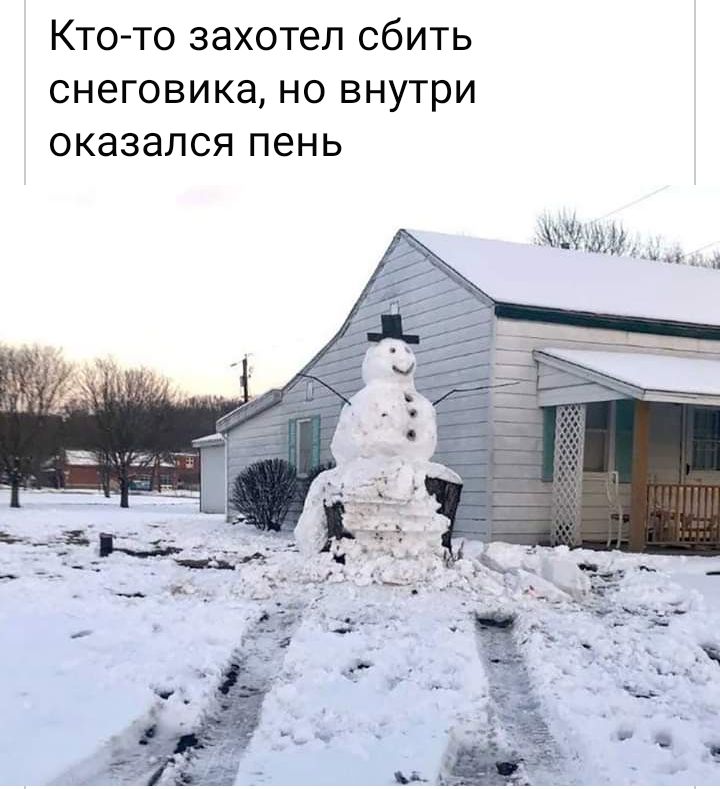 КТО ТО захотел СбИТЬ СНЕГОВИКд НО ВНУТРИ оказался пень