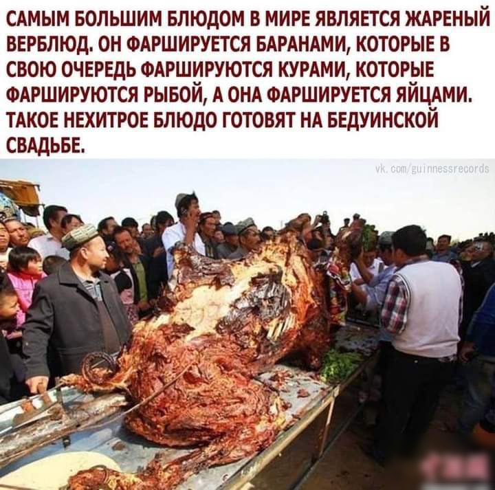 САМЫМ БОЛЬШИМ БЛЮДОМ В МИРЕ ЯВЛЯЕТСЯ ЖАРЕНЫЙ ВЕРБЛЮД ОН ФАРШИРУЕТСЯ БАРАНАМИ КОТОРЫЕ В СВОЮ ОЧЕРЕДЬ ФАРШИРУЮТСЯ КУРАМИ КОТОРЫЕ ФАРШИРУЮТСЯ РЫБОЙ А ОНА ФАРШИРУЕТСЯ ЯЙЦАМИ ТАКОЕ НЕХИТРОЕ БЛЮДО ГОТОВЯТ НА БЕДУИНСКОЙ СВАДЬБЕ