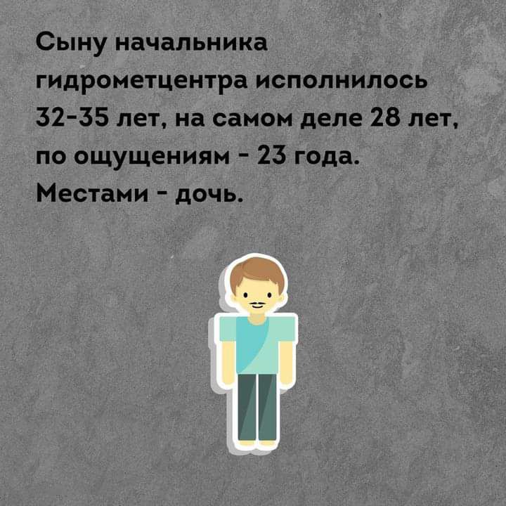 Сыну начальника гидрометцентра исполнилось 32 35 лет на самом деле 28 лет по ощущениям 23 года Местами дочь М