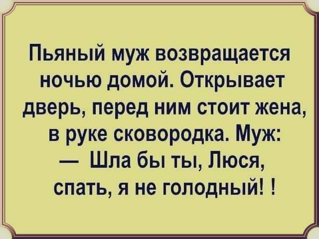 Пьяный муж возвращается ночью домой Открывает дверь перед ним стоит жена в руке сковородка Муж Шла бы ты Люся спать я не голодный