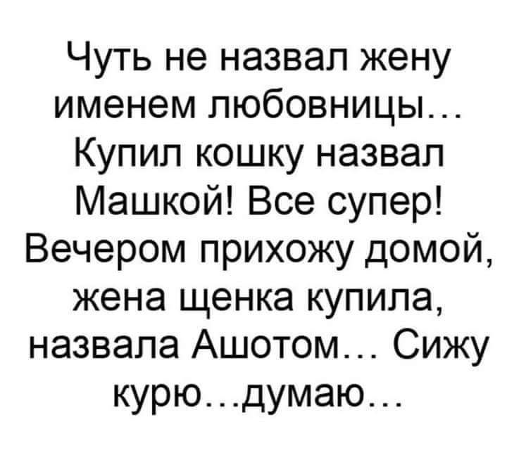 Чуть не назвал жену именем любовницы Купил кошку назвал Машкой Все супер Вечером прихожу домой жена щенка купила назвала Ашотом Сижу курюдумаю