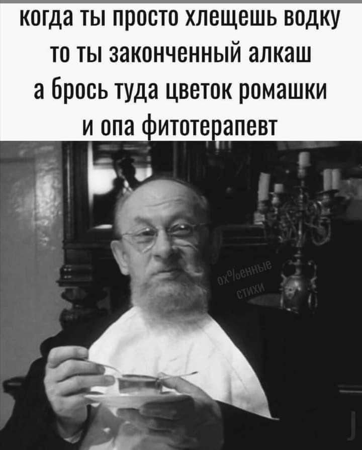 когда ты просто хлещешь водку то ты законченный алкаш а брось туда цветок ромашки и опа нитоте апевт