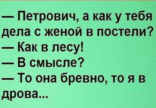 Петрович а как у тебя дела с женой в постели Как в лесу В смысле То она бревно то я в дрова