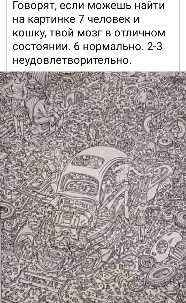 Говорят если можешь найти на картинке 7 человек и кошку твой мозг в отличном состоянии 6 нормально 2 3 неудовлетворительно Ъ