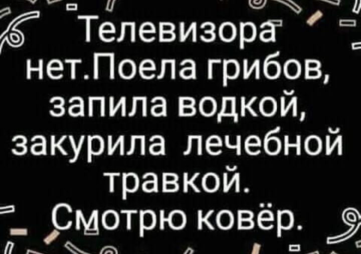 с еж и Телевизора нетПоела грибов запила водкой закурила лечебной травкой _ Смотрю ковёрА3 ъ л