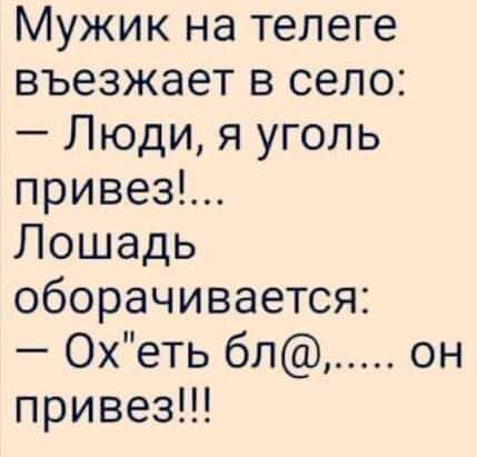 Мужик на телеге въезжает в село Люди я уголь привез Лошадь оборачивается Охеть бл он привез