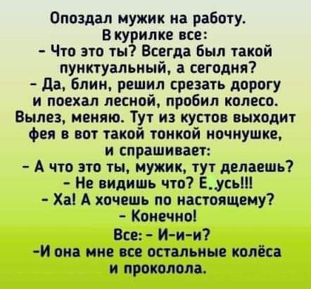 Опоздал мужик на работу В курилке все Что это ты Всегда Был такой пунктуальный а сегодня да Блин решил срезать дорогу и поехал лесной пробил колесо Вылез меняю Тут из кустов выходит Фея в вот такой тонкой ночнушке И спрашивает А что это ты мужик тут делаешь Не видишь что Бусь Ха А хочешь по настоящему Конечно Все И и и и она мне все остальные колёса и проколола