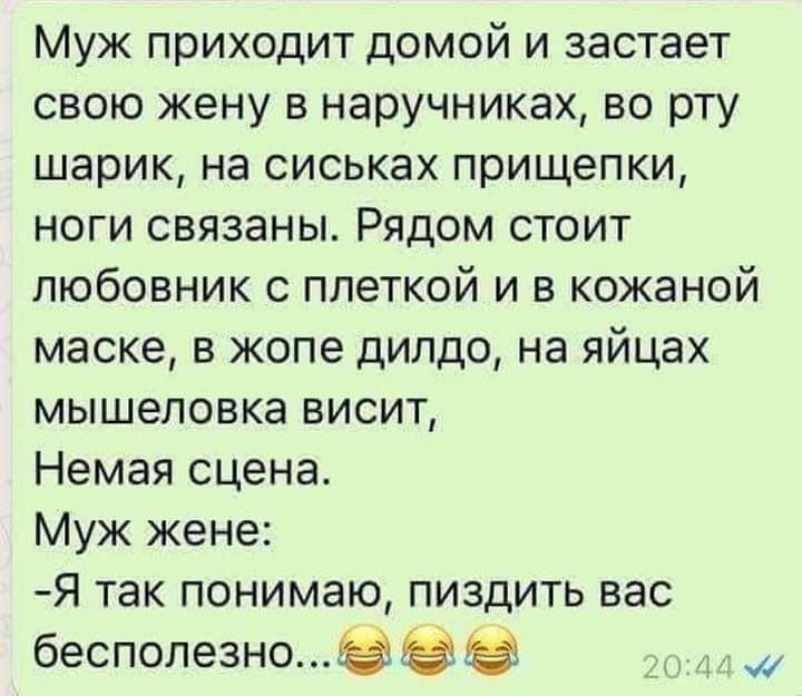 Муж приходит домой и застает свою жену в наручниках во рту шарик на сиськах прищелки ноги связаны Рядом стоит любовник с плеткой и в кожаной маске в жопе дилдо на яйцах мышеловка висит Немая сцена Муж жене Я так понимаю пиздить вас бесполезноі _