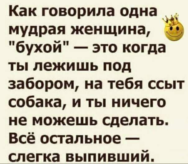Как говорила одна мудрая женщина бухой это когда ты лежишь под забором на тебя ссыт собака и ты ничего не можешь сделать Всё остальное слегка выпивший