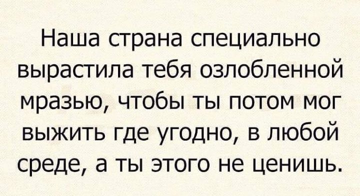 Наша страна специально вырастила тебя озлобленной мразью чтобы ты потом мог выжить где угодно в любой среде а ты этого не ценишь