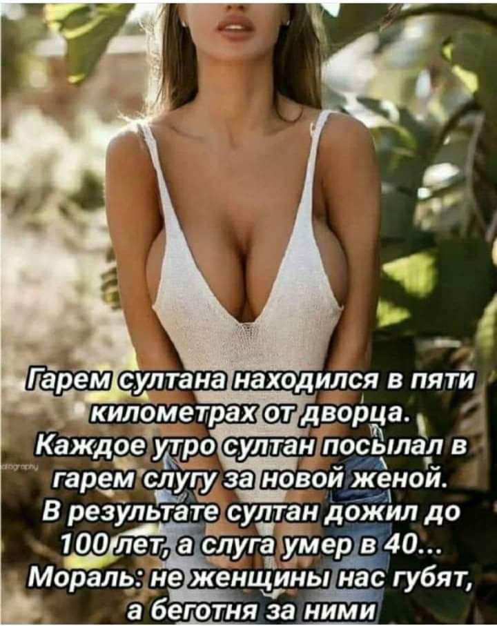 километрах тдворца Каждоеіуудро султангпоспётал в гарем слуіёу за новой Женой В результате султан дожил до 100 лет слуга умер в40 Мораль не женщины нас губят а беготня за н___ими