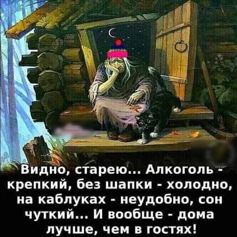 Видно старею Алкоголь крепкий без шапки холодно на каблуках неудобно сон чуткий и вообще дома лучше чем в гостях