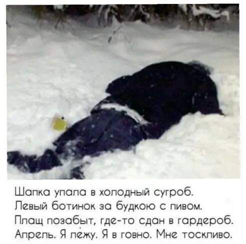 Шопко упопо в хоподный сугроб Певый ботинож зо будюго с пивом Ппощ позобыт гдето сдан в юрдероб Апрепь Я лежу Я в говно Мне тоскпиво