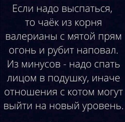Если надо выспаться то чаек из корня валерианы с мятой прям огонь и рубит наповал Из минусов надо спать лицом в подушку иначе отношения с котом могут выйти на новый уровень