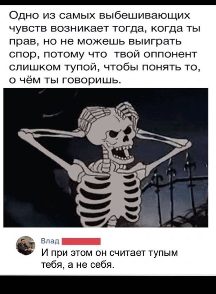 _ Одно из самых выбешивающих чувств возникает тогда когда ты прав но не можешь выиграть спор потому что твой оппонент слишком тупой чтобы понять то о чём ты говоришь Влад И при этом он считает тупым тебя а не себя