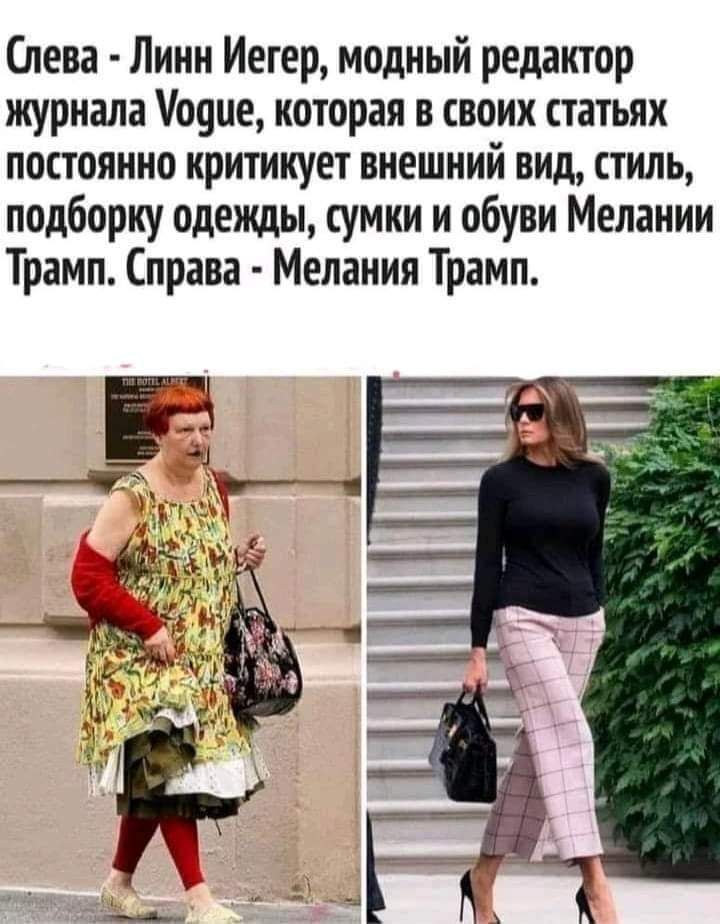 Слева Линн Иегер модный редактор журнала одие которая в своих статьях постоянно критикует внешний вид стиль подборку одежды сумки и обуви Мелании Трамп Справа Мелания Трамп
