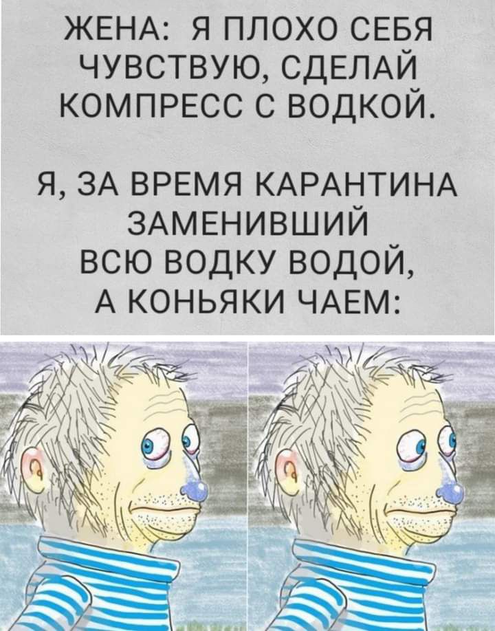 ЖЕНА Я ПЛОХО СЕБЯ ЧУВСТВУЮ СДЕЛАИ_ КОМПРЕСС С ВОДКОИ я ЗА ВРЕМЯ КАРАНТИНА ЗАМЕНИВШИЙ всю водку водой А коньяки ЧАЕМ