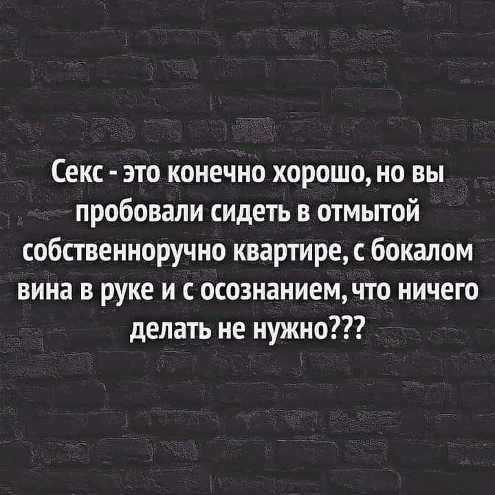 Секс это конечно хорошо но вы пробовали сидеть в отмытой собственноручно квартире с бокалом вина в руке и осознаниемчто ничего делать не нужно