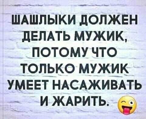 шАШлыки должвн дЕЛАть мужик _ потому что _тошдко мужик УМЕЕТ НАСАЖИВАТЬ _ и ЖАРИТЬ