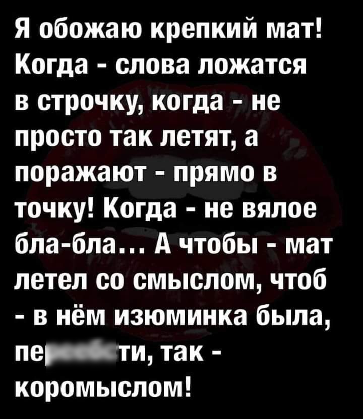 Я обожаю крепкий мат! Когда  слова ложатся в строчку, когда  не просто так летят, а поражают  прямо в точку! Когда  не вялое блабла... А чтобы  мат летел со смыслом, чтоб  в нём изюминка была, перяяйити, так  коромыслом!