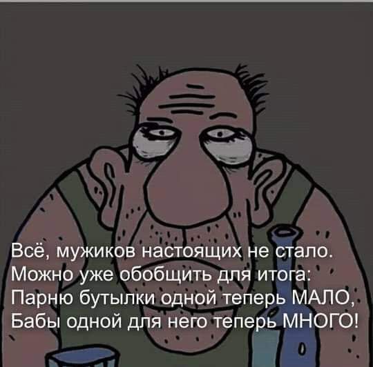 Всё мужиков настоящих не стало Можно уже обобщить для итога Парню бутылки одной теперь МАЛО Бабы одной для него теперь МНОГО