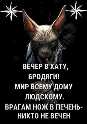 Ё ВЁЧЕР ВХАТУ БРОДЯГИ МИР ВёЁМУ ДОМУ ЛЮДСКОМУ ВРАГАМ НОЖ В ПЕЧЕНЬ НИКТО НЕ ВЕЧЕН