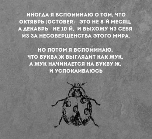 ИНОГМ Я ВОПОНИНАЮ О ТОМ ЧТО ОКТЯБРЬ ОСТОБЕП ЭТО НЕ ВЙЙ МЕСЯЦ ААЕКАБРЬ _ Е 10 И ВЫХОЖУ ИЗ СЕБЯ ИЗЗА ЕСОВЕРШЕНСТВА ЭТОГО МИРА О ПОТОМ Я ВСПОИИНАЮ ПО БУКВА ж ПЫГАЯАИТ КАК ЖУК АЖУК НАЧИНАЕТСЯ НА БУКВУ ж И УСПОКАИВАЮСЬ