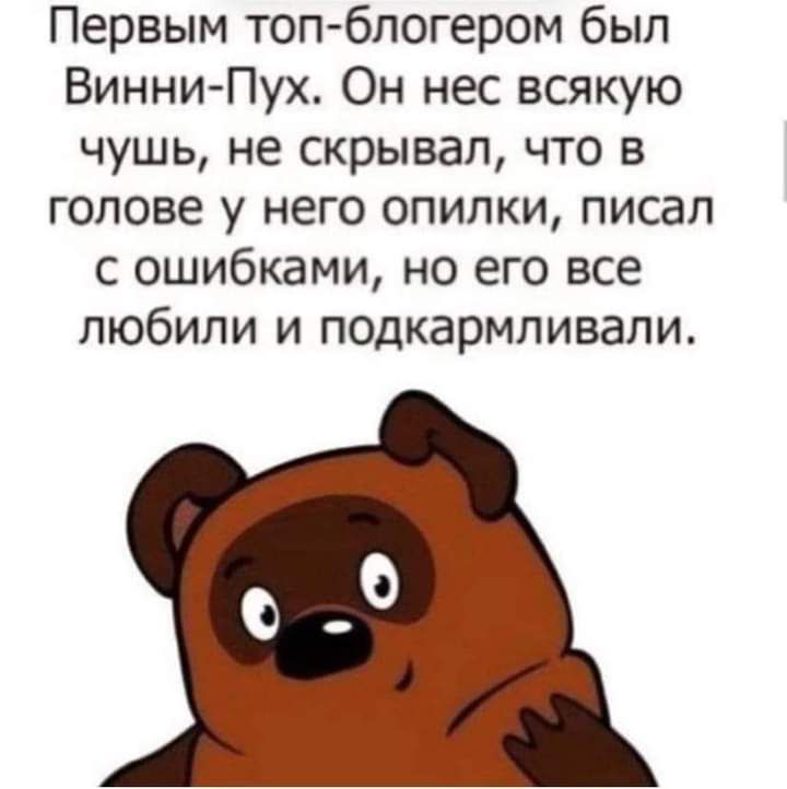 Первым топ блогером был Винни Пух Он нес всякую чушь не скрывал что в голове у него опилки писал с ошибками но его все любили и подкармливали