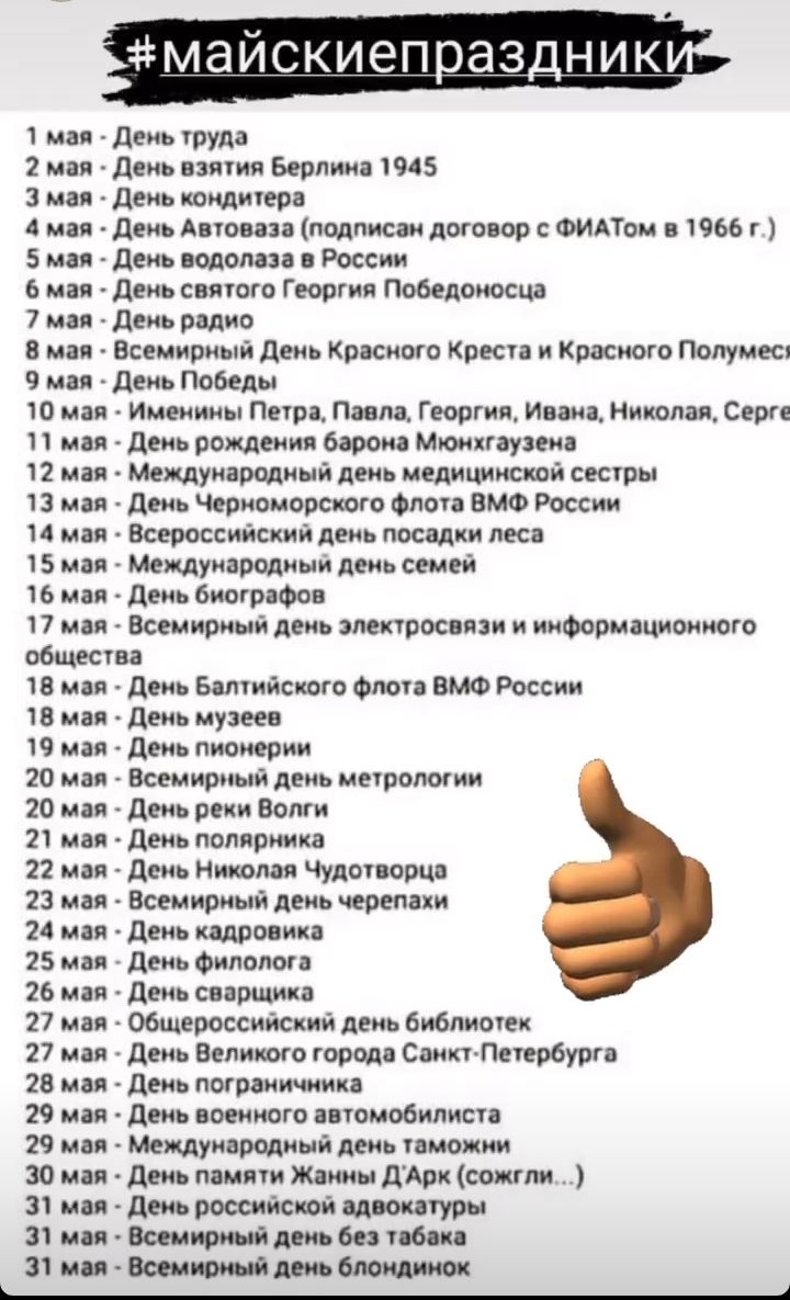майскиеп аз_ник 1 мая 2 мая 3 мал 4 мая 5 мои 6 мая 7 мая 8 мая 9 мая 10 мая 11 мая 12 мая 13 мая Иман 15мап 16ман 17мая день труда день взятия Берлин 1945 день кондитера день Автовпа подписан договор ФИАТом в 1966 г день водолаза в России день святого Георгия Победоносца день радио Всемирный день Красного Креста и Красного Полумест _ День Победы Именины Петр Павла Георгия Ивана Николая Серге день