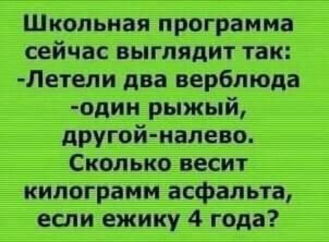 Школьная программа сейчас выглядит так Летели два верблюда один рыжый другой налево Сколько весит килограмм асфальта если ежику 4 года
