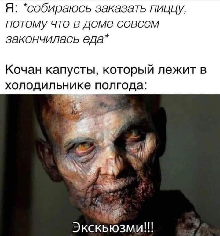 Я ообираюсь заказать пиццу потому что в доме совсем закончилась еда Кочан капусты который лежит в холодильнике полгода Экскьюзми