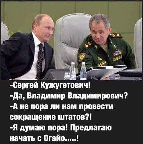 сергей Куіугетович да Владимир Владимирович А не пора ли нам провести сокращение штатов я думаю пора Предлагаю начать 0гайо