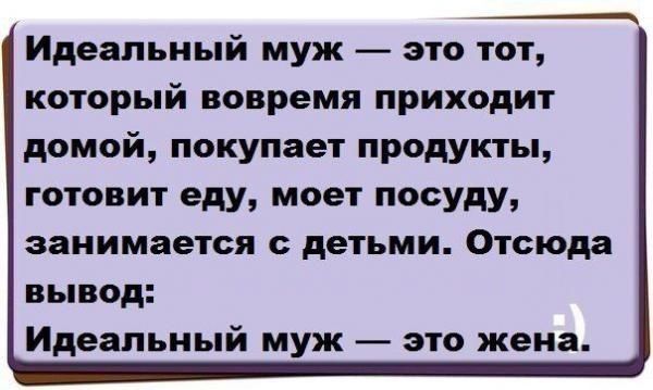 __ Идеальный муж это тот который вовремя приходит домой покупает продукты готовит еду моет посуду занимается с детьми Отсюда вывод Идеальный муж это жена