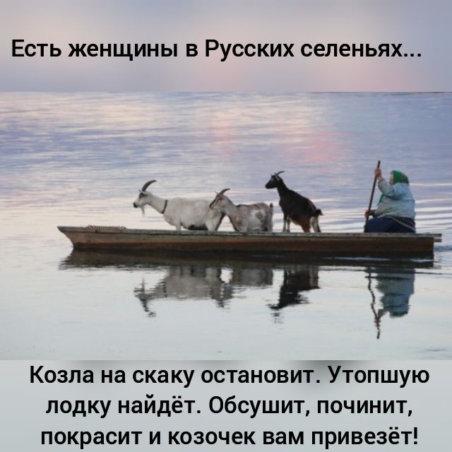ЕСТЬ ЖЕНЩИНЫ В РУССКИХ селеньях Козла на скаку остановит Утопшую лодку найдёт Обсушит починит покрасит и козочек вам привезёт
