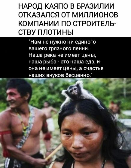 НАРОД КАЯПО В БРАЗИЛИИ ОТКАЗАЛСЯ ОТ МИЛЛИОНОВ КОМПАНИИ ПО СТРОИТЕЛЬ СТВУ ПЛОТИНЫ Нам не нужно ни единого вашего грязного пенни Наша река не имеет цены наша рыба _ это наша еда и она не имеет цены а счастье наших внуков бесценно