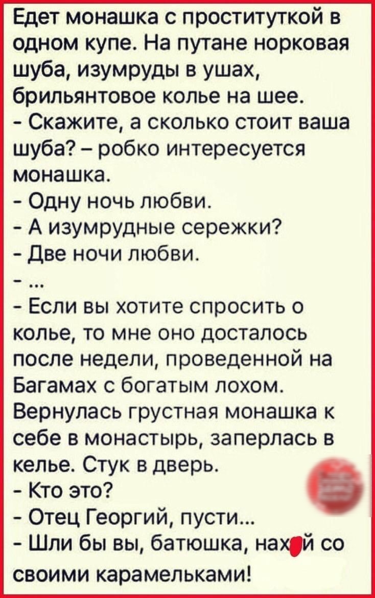 Одной монахине срочно понадобилось в уборную поэтому. Едет монашка в одном купе с дамой.