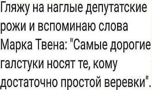 Гляжу на наглые депутатские рожи и вспоминаю слова Марка Твена Самые дорогие галстуки носят те кому достаточно простой веревки